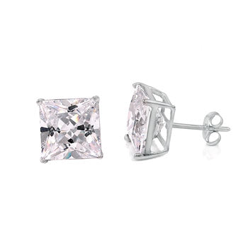 14K White Gold LAB Princes-Cut 4 Prong Basket Stud Earrings W. Push Back - Shryne Diamanti & Co.