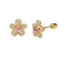 14K Gold Flower Pink LAB Stud Earrings W. Screw Back - Shryne Diamanti & Co.