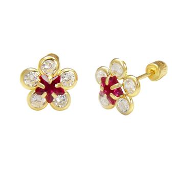 14K Gold Red Ruby LAB Flower W. Screw Back Stud Earrings - Shryne Diamanti & Co.