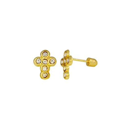 14E00060. - 14 Karat Yellow Gold Cross Lab stones Screw Back Stud Earrings - Shryne Diamanti & Co.