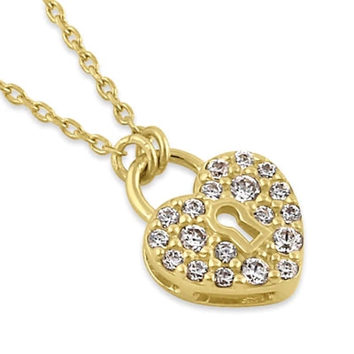 Solid 14K Gold Heart Lock with Clear Lab Diamonds Necklace - Shryne Diamanti & Co.