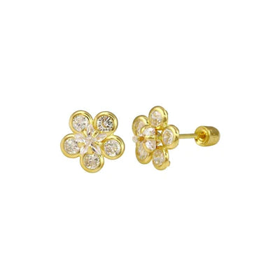 14E00072. - 14 Karat Yellow Gold Sunflower Clear Lab stones Screw Back Stud Earring - Shryne Diamanti & Co.