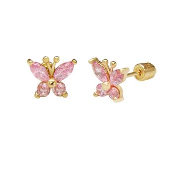 14K Gold Pink Butterfly LAB Stud Earrings W. Screw Back - Shryne Diamanti & Co.