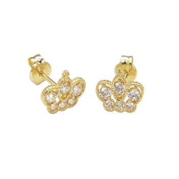 14K Solid Yellow Gold LAB Crown Stud Earrings W. Push Back - Shryne Diamanti & Co.