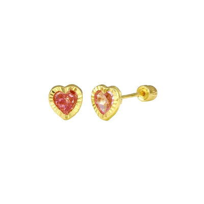 14E00067. - 14 Karat Yellow Gold Heart Pink Lab stones Screw Back Stud Earrings - Shryne Diamanti & Co.