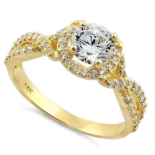 Solid 14K Yellow Gold Twist Round Halo Engagement Clear Lab Ring - Shryne Diamanti & Co.