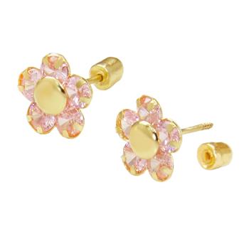 14K Gold Pink LAB Flower W. Screw-Back Stud Earrings - Shryne Diamanti & Co.