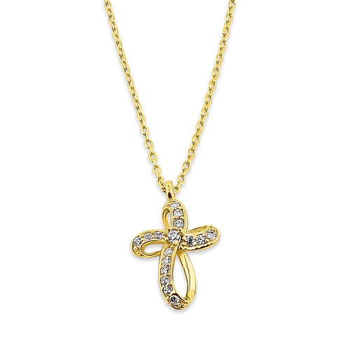 Solid 14K Yellow Gold Ribbon Cross Lab Diamonds Necklace - Shryne Diamanti & Co.
