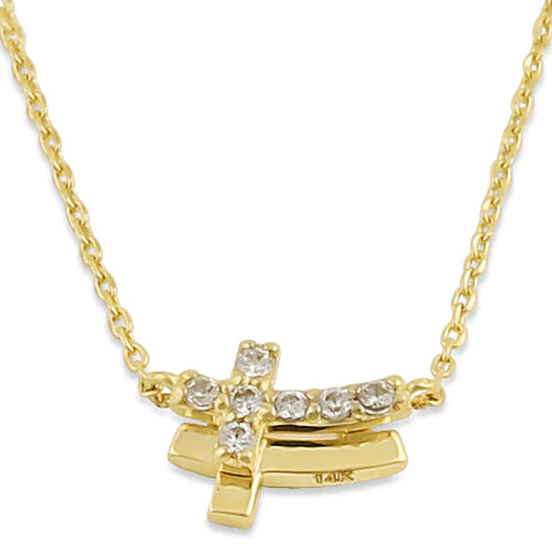 Solid 14K Yellow Gold Lab Diamonds Double Cross Necklace - Shryne Diamanti & Co.