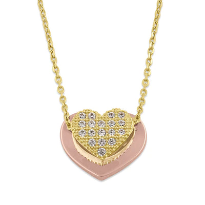 Solid 14K Gold Layered Heart with Clear Lab Diamonds Necklace - Shryne Diamanti & Co.