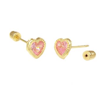 14K Gold 5mm Pink LAB Heart D/C Bezel-Set W. Screw Back Stud Earrings - Shryne Diamanti & Co.
