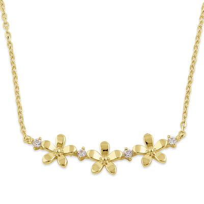 Solid 14K Gold Triple Plumeria with Clear Lab Diamonds Necklace - Shryne Diamanti & Co.