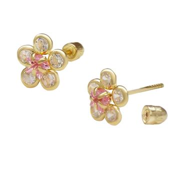 14K Gold Flower Pink LAB Stud Earrings W. Screw Back - Shryne Diamanti & Co.