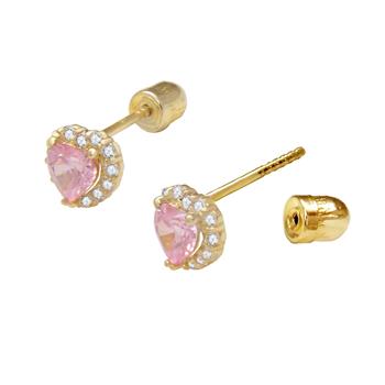 14K Gold Halo LAB Pink Heart Stud Earrings W. Screw Back - Shryne Diamanti & Co.