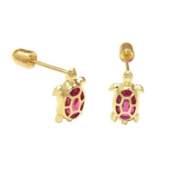 14K Gold Turtle W. Red LAB Screw-Back Stud Earrings - Shryne Diamanti & Co.