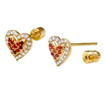 14K Gold Red & White LAB Heart Stud Earrings W. Screw Back - Shryne Diamanti & Co.