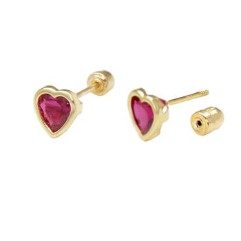 14K Gold Ruby Red LAB Heart Bezel-Set Stud Earrings W. Screw Back - Shryne Diamanti & Co.