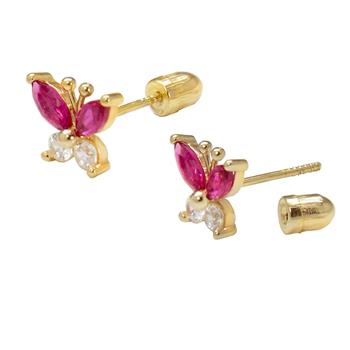 14K Gold Red & White LAB Butterfly Stud Earrings W. Screw Back - Shryne Diamanti & Co.