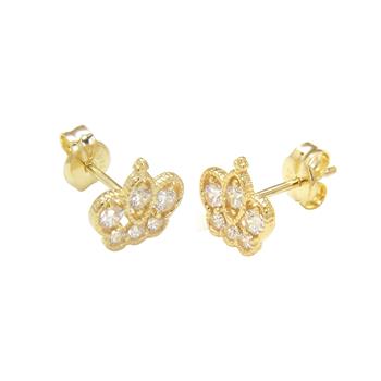 14K Solid Yellow Gold LAB Crown Stud Earrings W. Push Back - Shryne Diamanti & Co.