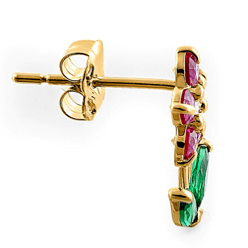 Solid 14K Yellow Gold Flower Ruby Emerald Clear Lab Stone Earrings - Shryne Diamanti & Co.