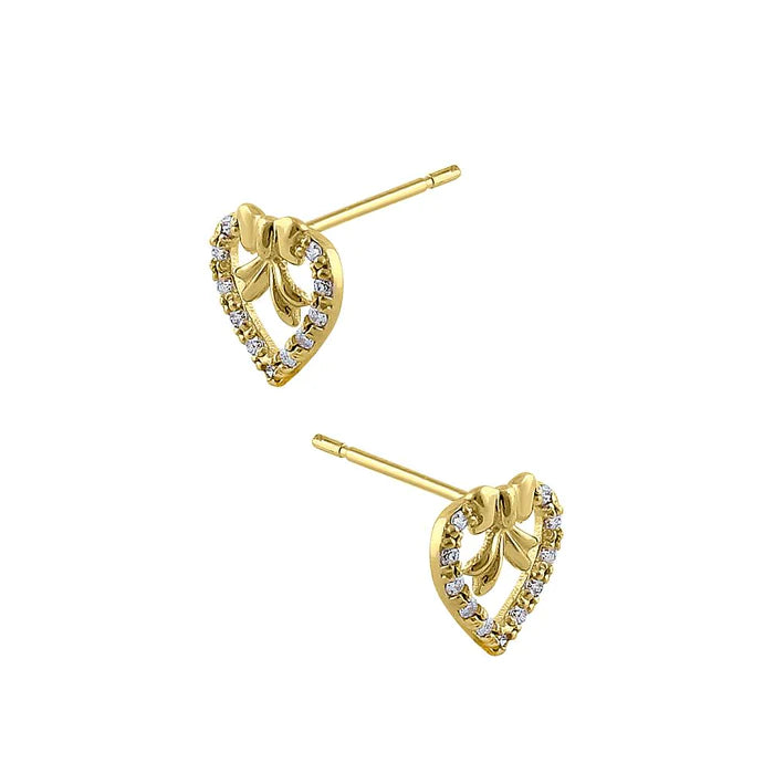 Solid 14K Yellow Gold Ribbon & Heart Diamond Earrings - Shryne Diamanti & Co.