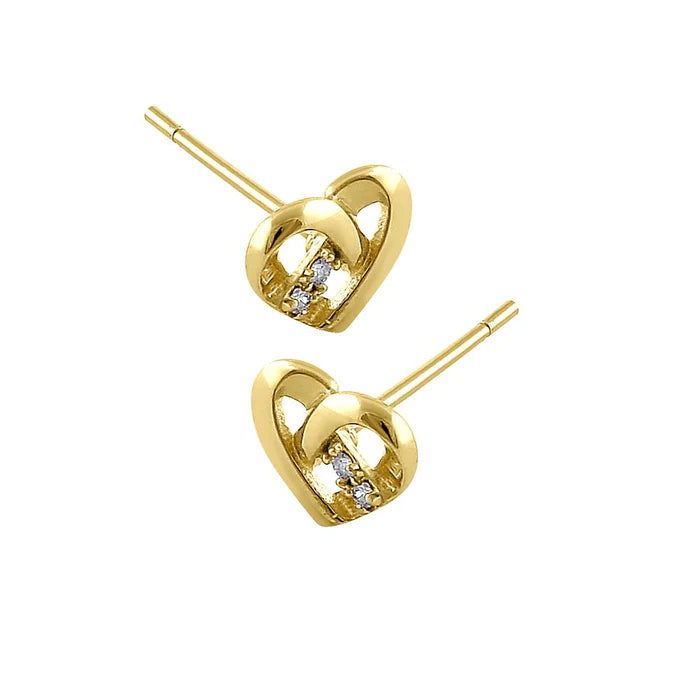Solid 14K Yellow Gold Simple Overlap Heart Diamond Earrings - Shryne Diamanti & Co.