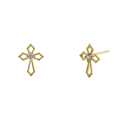 Solid 14K Yellow Gold Medieval Cross Diamond Earrings - Shryne Diamanti & Co.