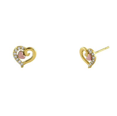 Solid 14K Yellow Gold & Rose Gold Plating Heart Diamond Earrings - Shryne Diamanti & Co.