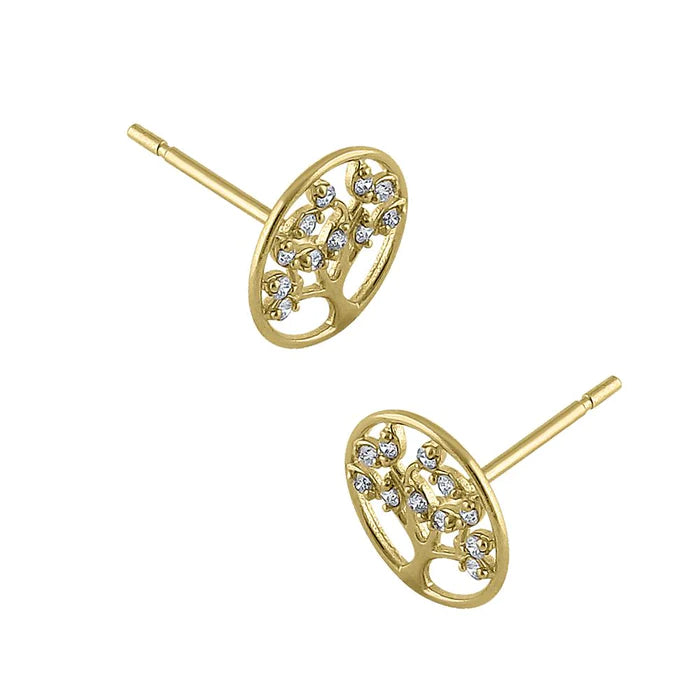 Solid 14K Yellow Gold Tree of Life Diamond Earrings - Shryne Diamanti & Co.