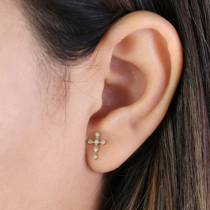 Solid 14K Gold Bead Cross Diamond Earrings - Shryne Diamanti & Co.