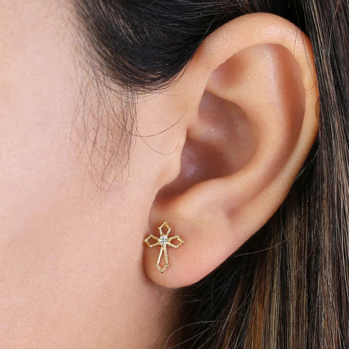 Solid 14K Yellow Gold Medieval Cross Diamond Earrings - Shryne Diamanti & Co.
