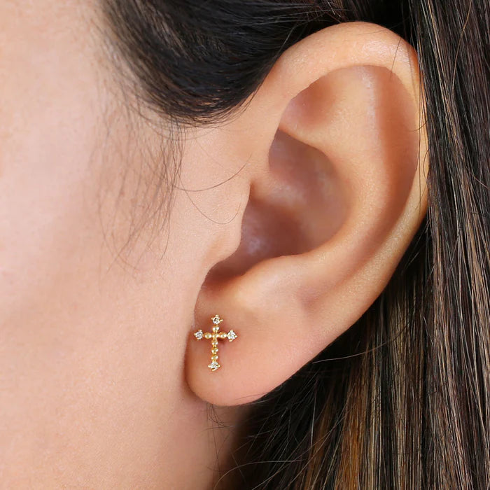 Solid 14K Yellow Gold Rounded Cross Diamond Earrings - Shryne Diamanti & Co.
