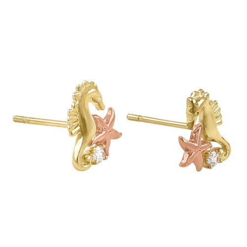 Solid 14K Yellow Gold Muti-Tone Seahorse and Starfish Lab Diamonds Earrings - Shryne Diamanti & Co.