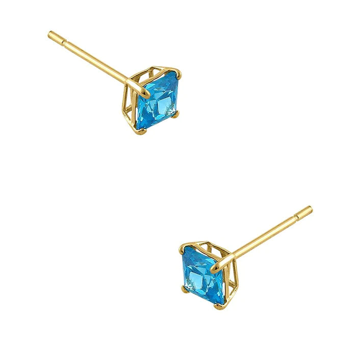 .36 ct Solid 14K Yellow Gold 3mm Princess Cut Blue Topaz Lab Diamonds Earrings - Shryne Diamanti & Co.