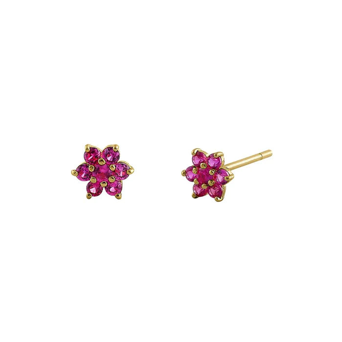 Solid 14K Yellow Gold Dainty Flower Ruby Lab Diamonds Earrings - Shryne Diamanti & Co.