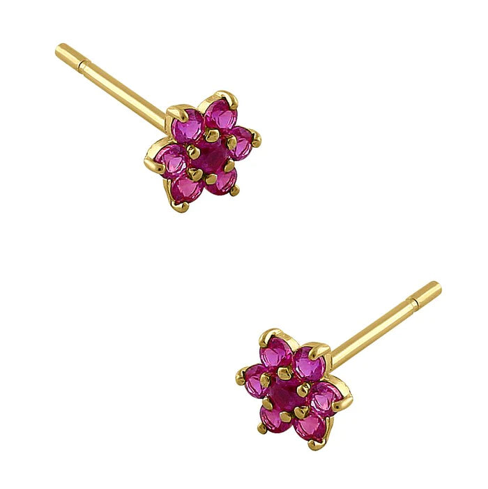 Solid 14K Yellow Gold Dainty Flower Ruby Lab Diamonds Earrings - Shryne Diamanti & Co.