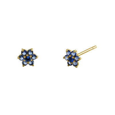 Solid 14K Yellow Gold Dainty Flower Blue Sapphire Lab Diamonds Earrings - Shryne Diamanti & Co.