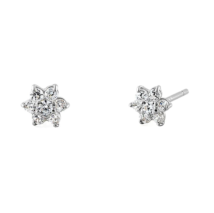 Solid 14K White Gold Dainty Flower Clear “Lab Diamonds Earrings - Shryne Diamanti & Co.