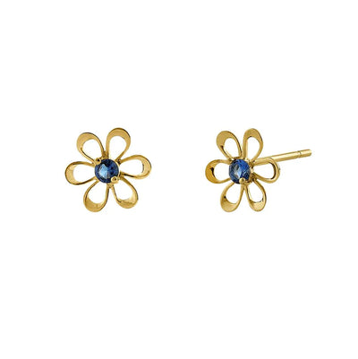 Solid 14K Yellow Gold Retro Flower Blue Sapphire Lab Diamonds Earrings - Shryne Diamanti & Co.