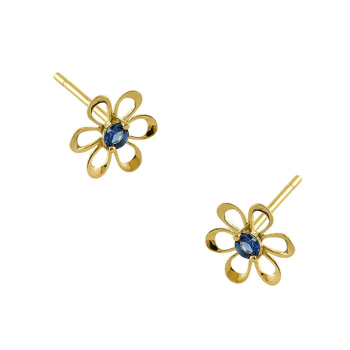 Solid 14K Yellow Gold Retro Flower Blue Sapphire Lab Diamonds Earrings - Shryne Diamanti & Co.