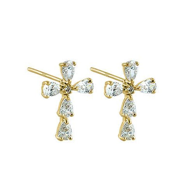 Solid 14K Yellow Gold Drop Lab Diamonds Cross Earrings - Shryne Diamanti & Co.