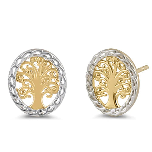 Solid 14K Yellow and White Gold Tree of Life Earrings - Shryne Diamanti & Co.