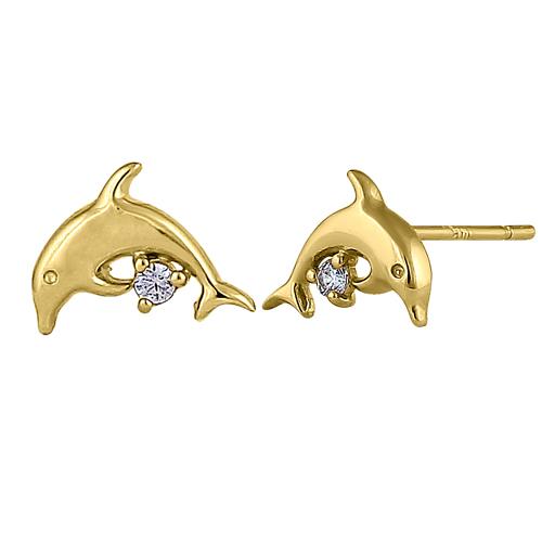 Solid 14K Yellow Gold Leaping Dolphins Clear Round Lab Diamonds Earrings - Shryne Diamanti & Co.