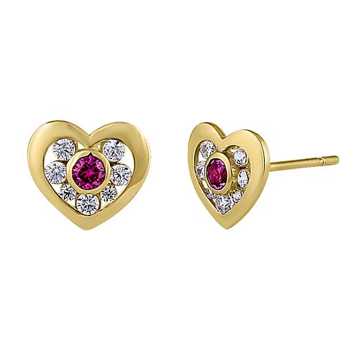 Solid 14K Yellow Gold Heart Ruby & Clear Round Lab Diamonds Earrings - Shryne Diamanti & Co.