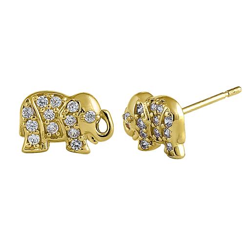 Solid 14K Yellow Gold Glitzy Elephant Clear Round Lab Diamonds Earrings - Shryne Diamanti & Co.