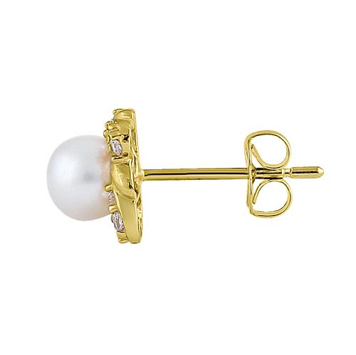 Solid 14K Yellow Gold Treasured Pearl Clear Round Lab Diamonds Earrings - Shryne Diamanti & Co.