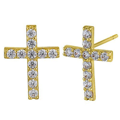 Solid 14K Yellow Gold Simple Cross Clear Round Lab Diamonds Earrings - Shryne Diamanti & Co.