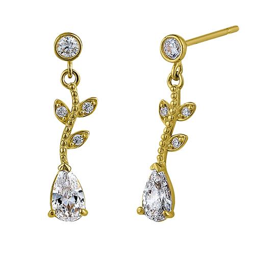 Solid 14K Yellow Gold Dangle Vine Clear Pear Cut & Round Lab Diamonds Earrings - Shryne Diamanti & Co.