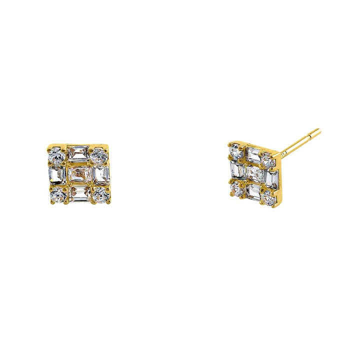 Solid 14K Yellow Gold Squared Round & Princesss Cut Lab Diamonds Earrings - Shryne Diamanti & Co.