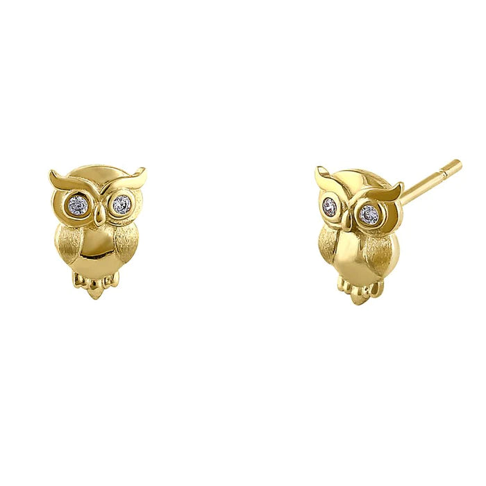 Solid 14K Yellow Gold Owl Lab Diamonds Earrings - Shryne Diamanti & Co.